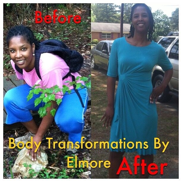 Before-and-after client photos showing visible body-composition progress.