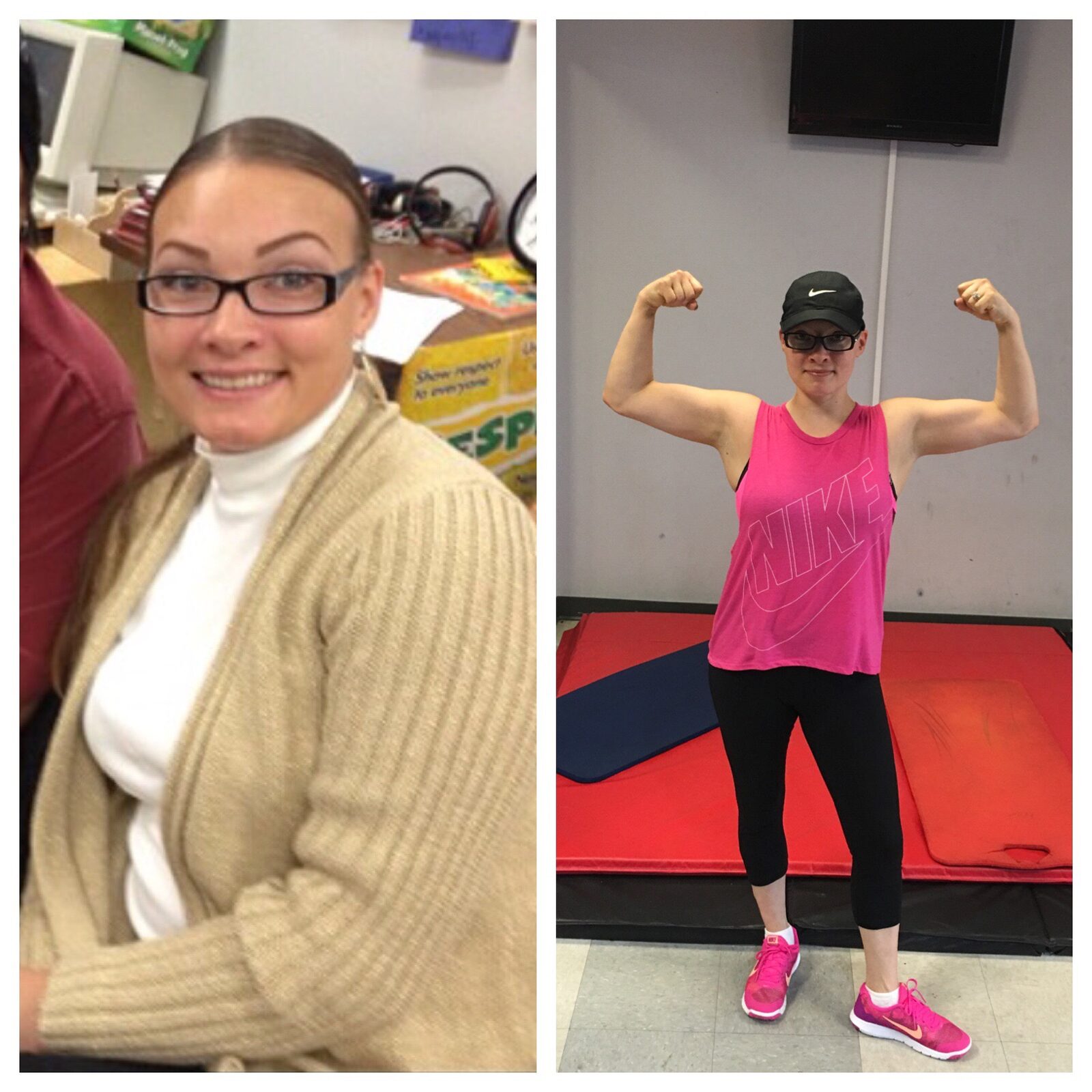 Side-by-side client photos showing weight-loss and strength progress.