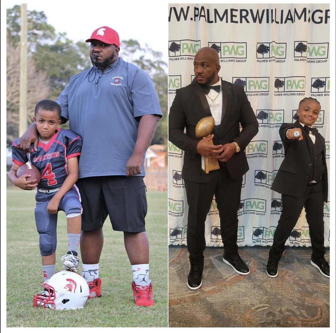 Side-by-side client photos showing weight-loss and formal-event progress.