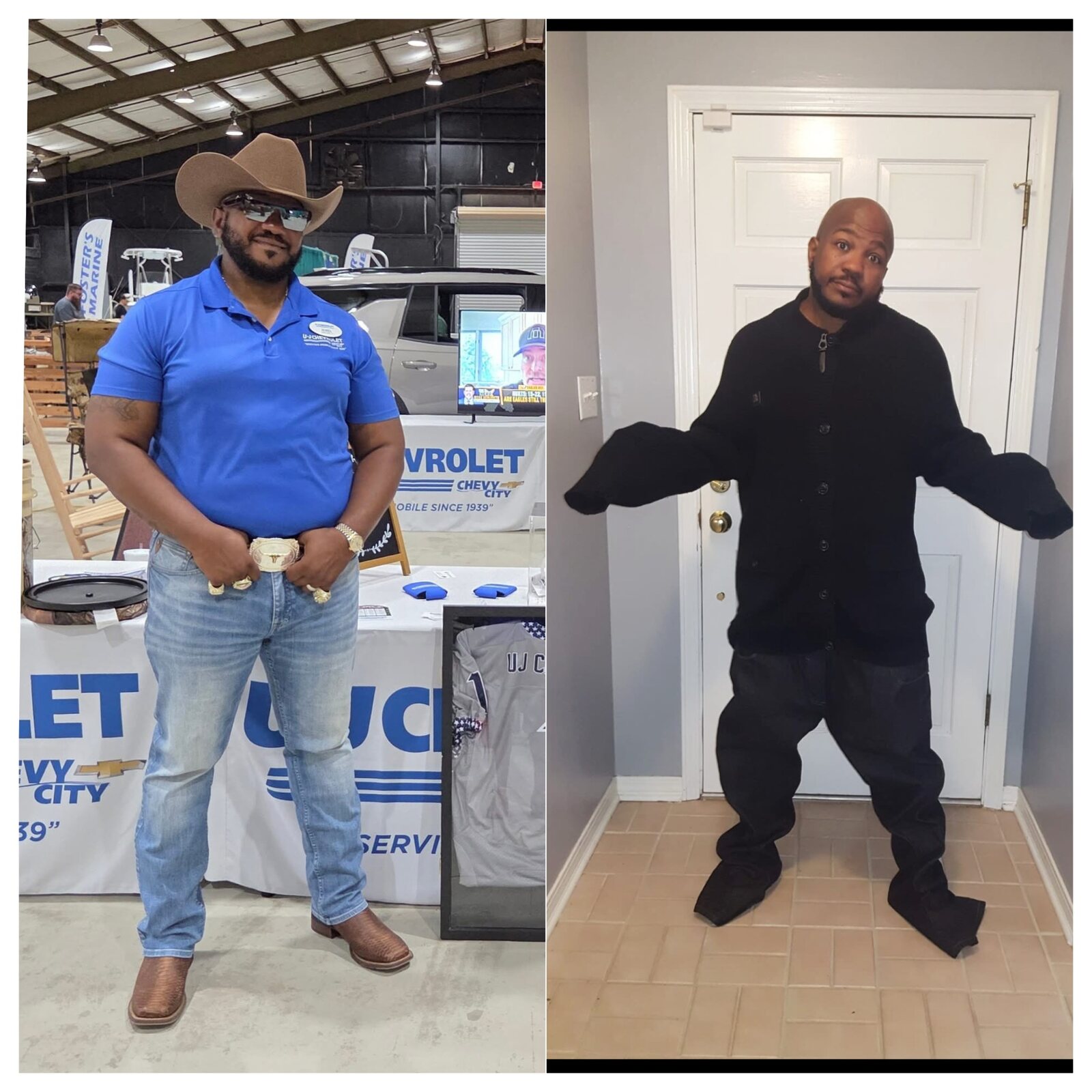 Side-by-side client photos showing substantial weight-loss and clothing-size progress.