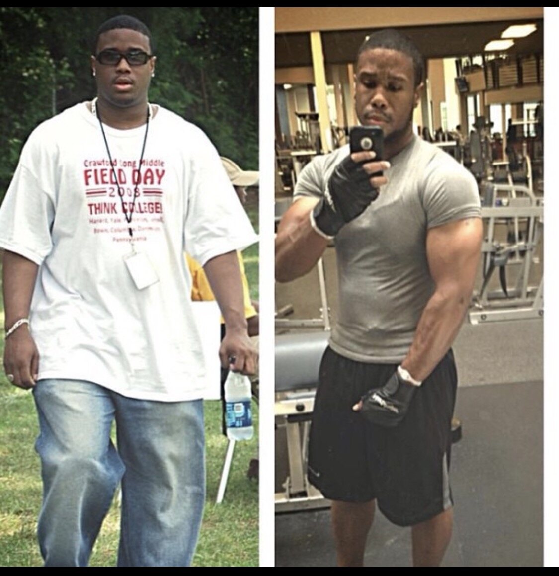 Side-by-side client photos showing weight-loss and upper-body muscle progress.